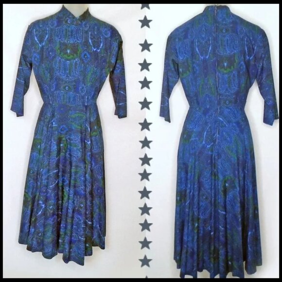 Vintage Circle Skirt Dress 50s Fit Flare New Look Frock, Dolman Sleeves - Picture 2 of 13